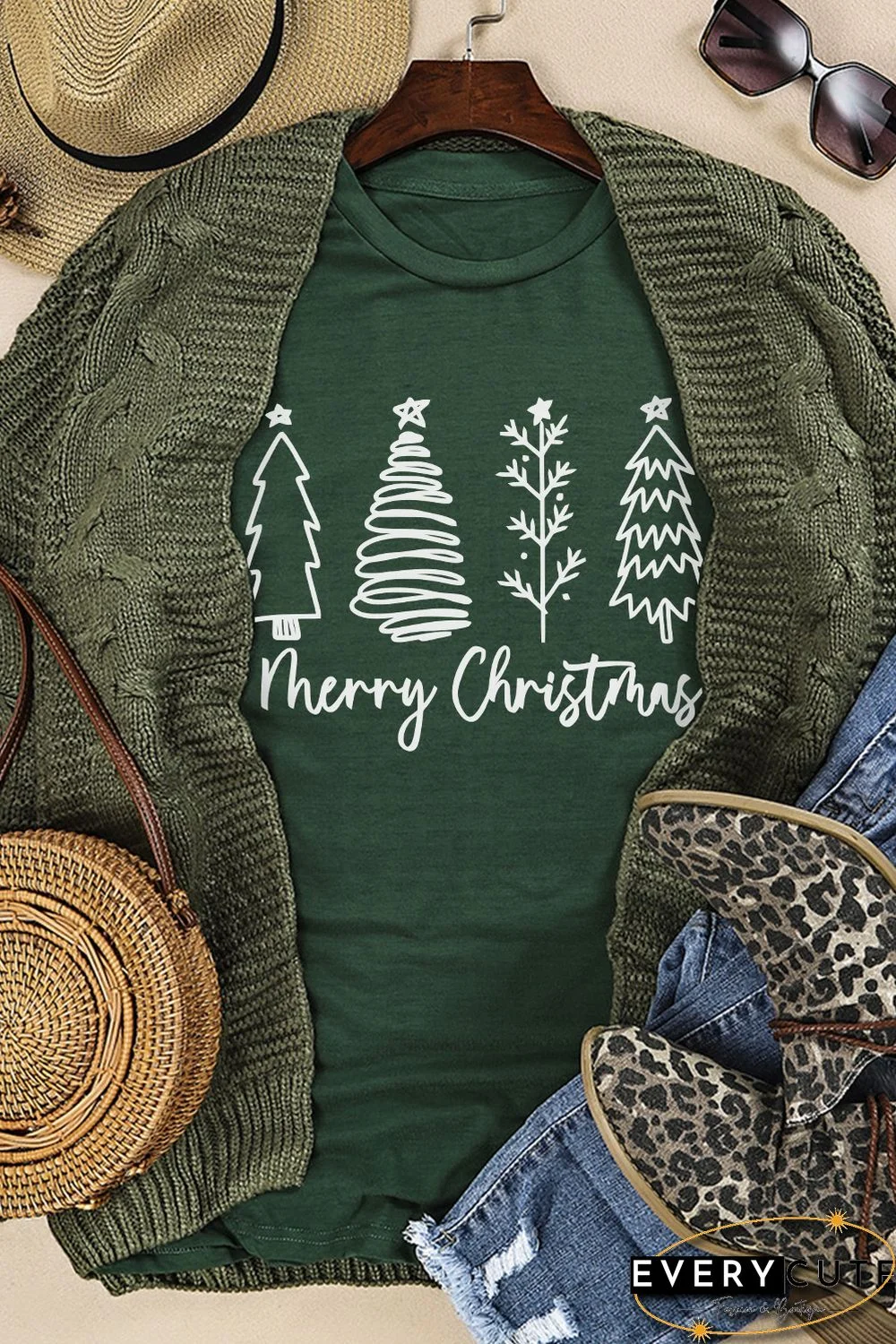 Green Merry Christmas Tree Graphic Print Tee