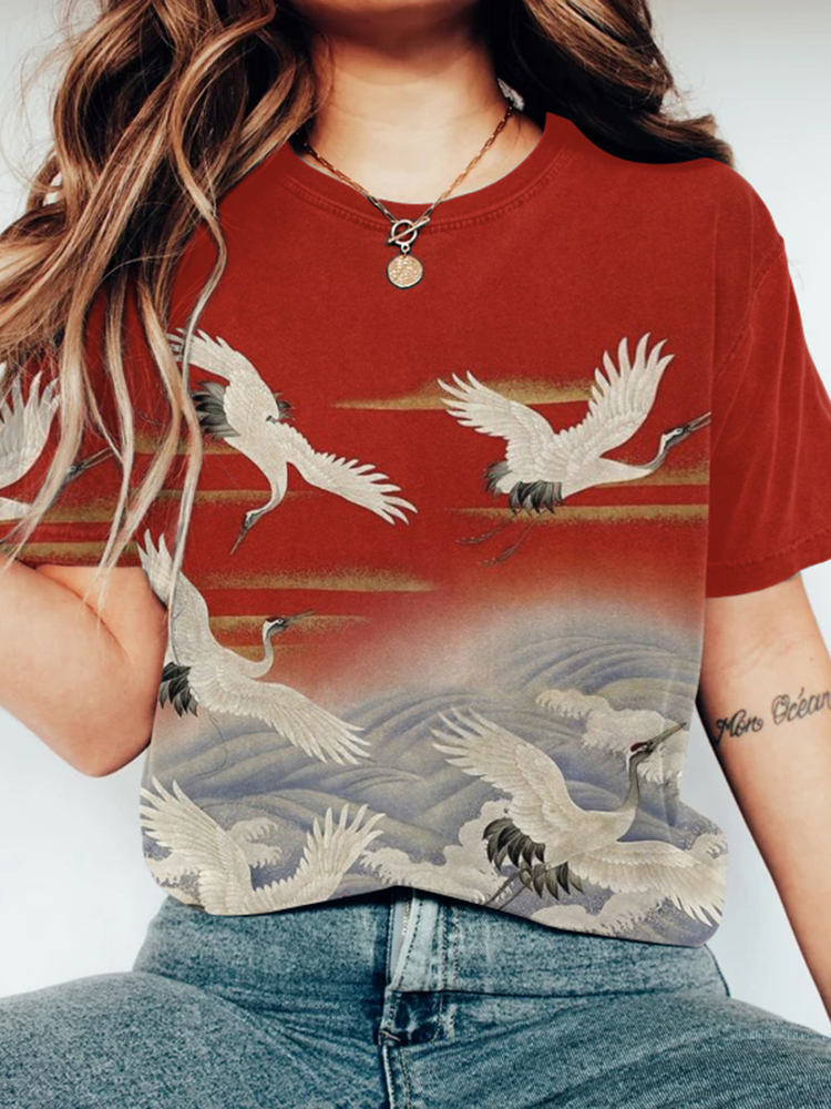Comstylish Women Japanese Art Crane Cloud Printed Round Neck T-Shirt