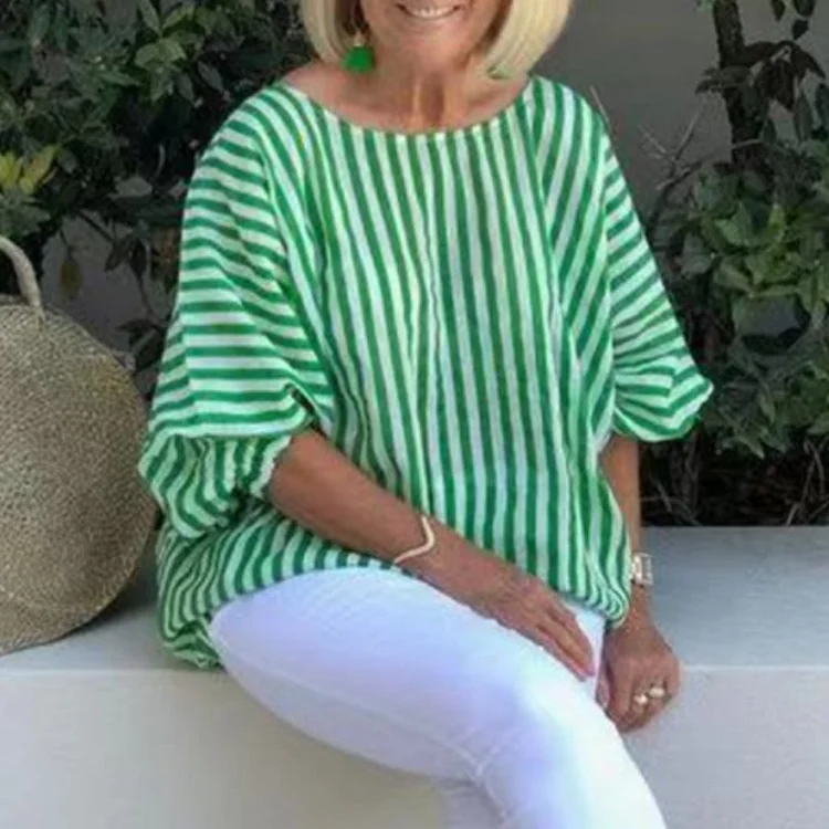 Ladies Patchwork Striped Loose Cotton Linen Top