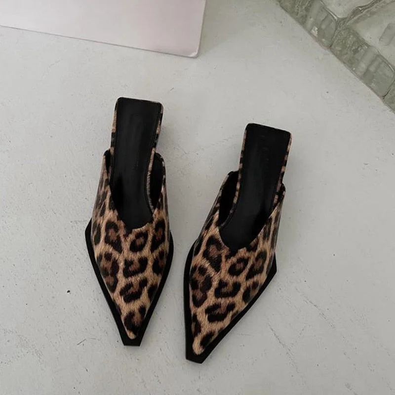 SUOJIALUN 2022 Summer Women Slipper Pointed Toe Shallow Slip On Mules Shoes Ladies Square Low Heel Leopard Slides Big Size 35-41