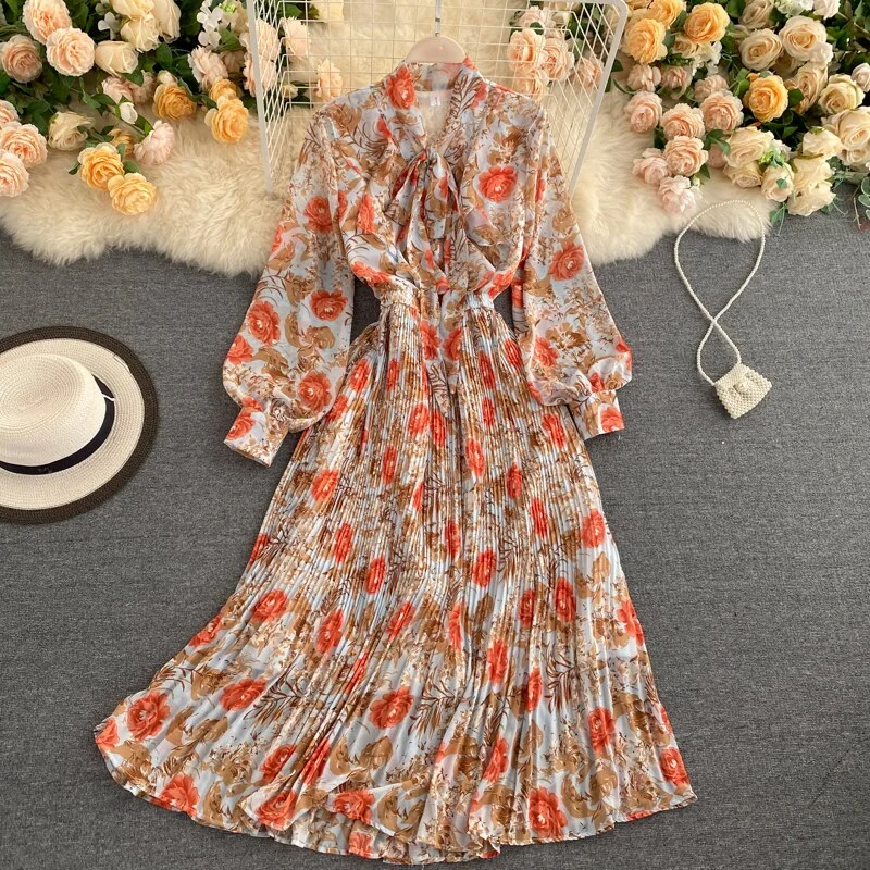 Croysier Dresses For Women 2021 Elegant Bow Tie Neck Vintage Floral Midi Dress Long Sleeve Spring Autumn Chiffon Pleated Dress