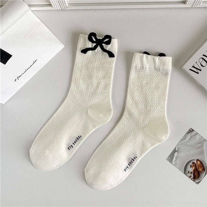 Bowknot Socks Women’s Spring And Summer Mid-length Socks Thin Sweat-absorbent Stockings Black And White Versatile Trendy Zhuji Socks