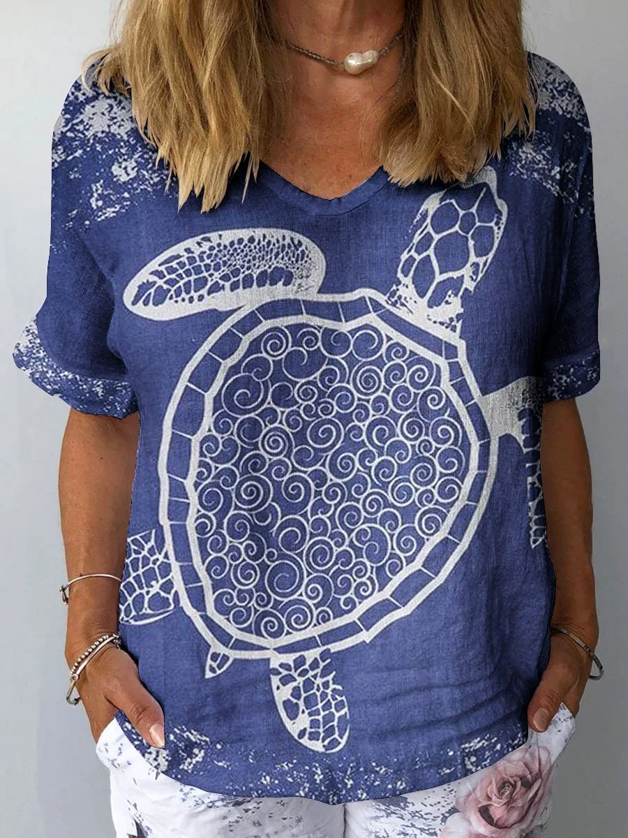 Women's Vintage Ocean Turtle Art Print Casual Cotton And Linen Shirt
