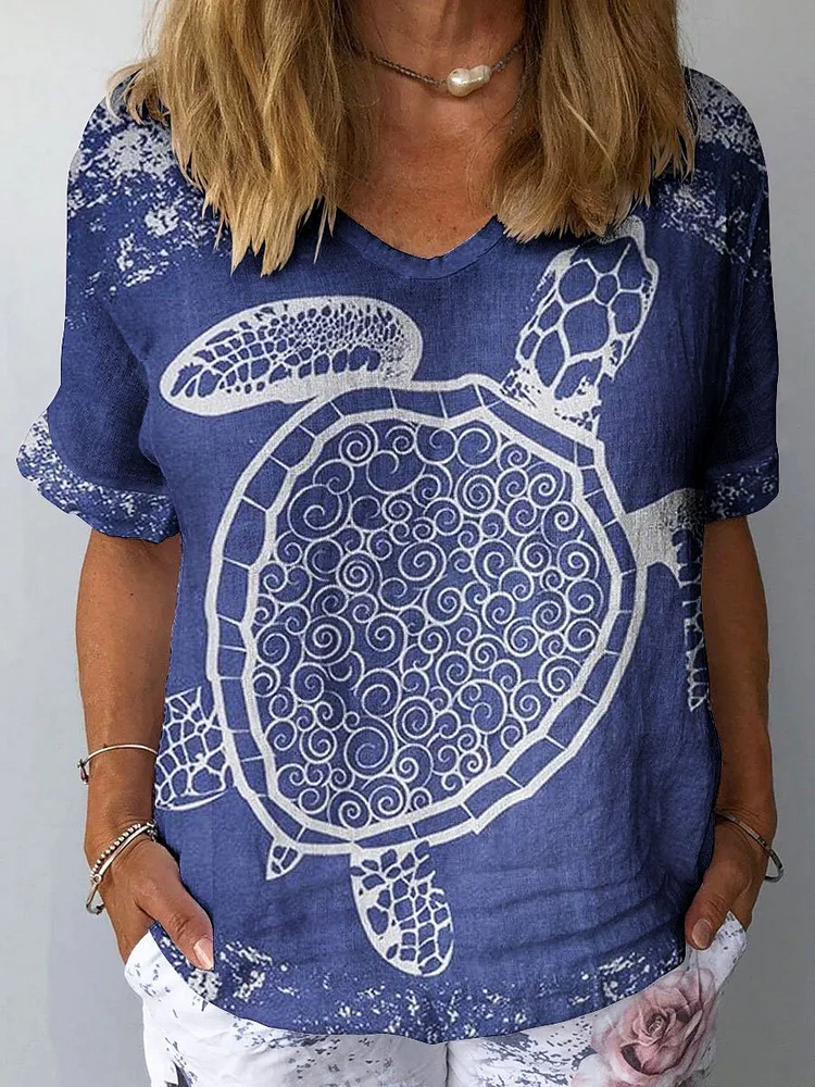 Women's Vintage Ocean Turtle Art Print Casual Cotton And Linen Shirt