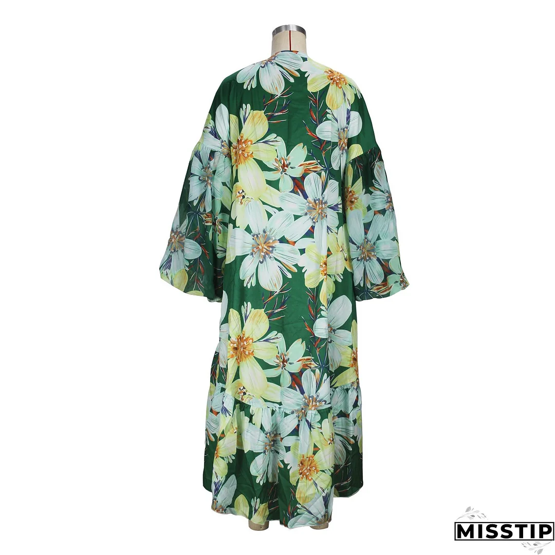 Casual Spring and Autumn Women's Lantern Sleeve Irregular Long Printed Coat