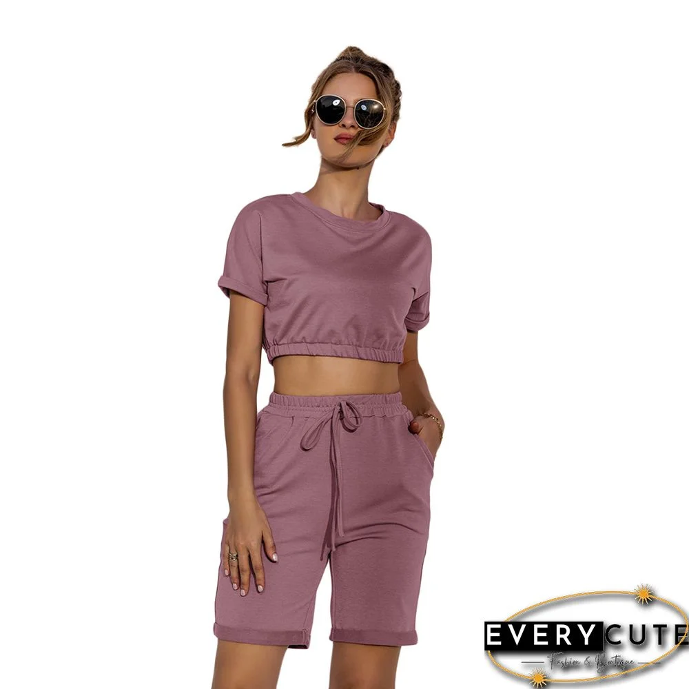 Pink Crop Top with Drawstring Shorts Set