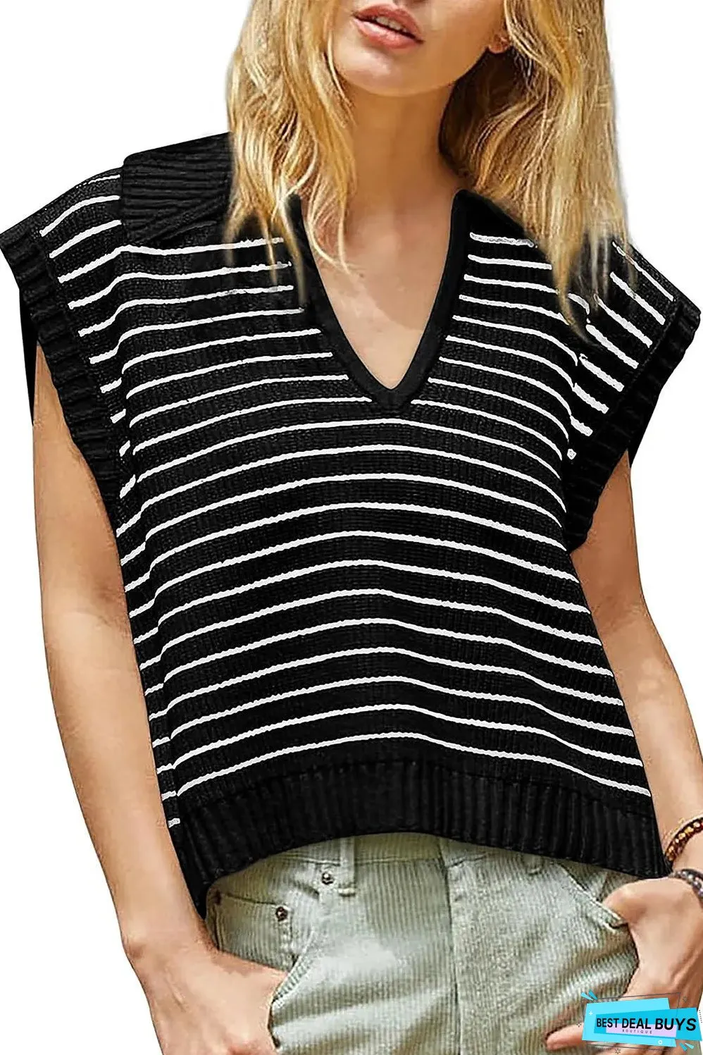 Black Stripe Turn-down V Neck Sweater Tank Top