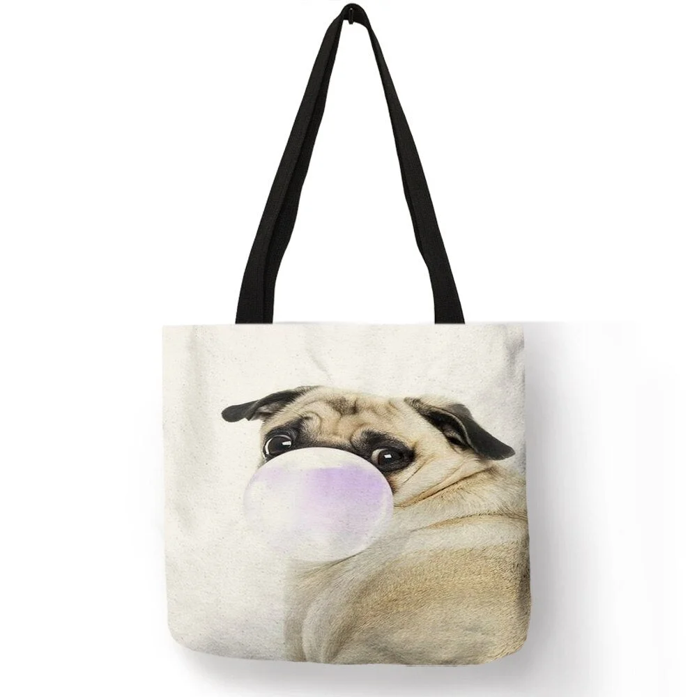 Personalized Simple Pug Dog 3D Printed Pink Purple Handbag for Women Girls Soft College Tote Bag High Quality Linen Shoulder Bag