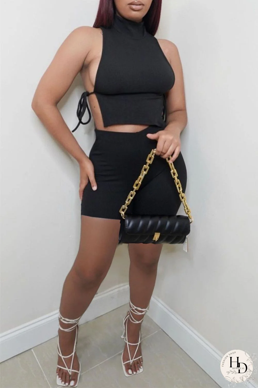 Water Blue Fashion Casual Solid Strap Design Turtleneck Sleeveless Two Pieces