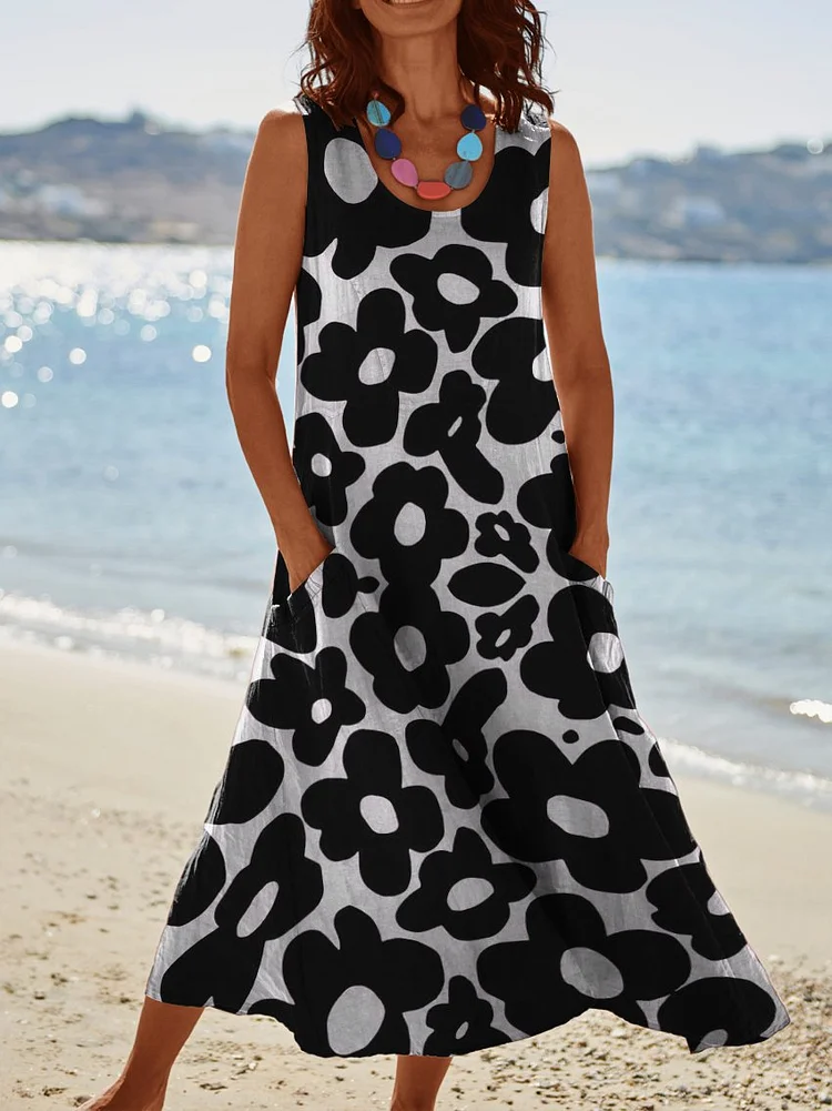 Black and White Floral Print Womens Pocket Pinafore Linen Dress