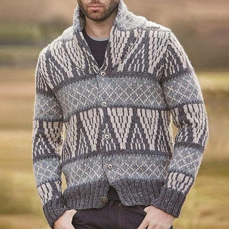 Men's Vintage Jacquard Long Sleeve Knit Sweater Cardigan