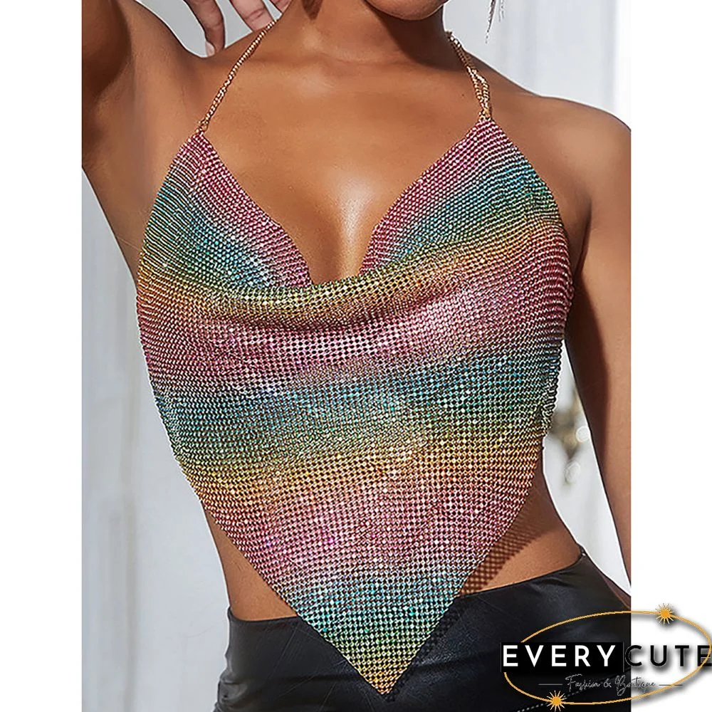 Multicolor Sequined Metal Chains Halter Camisoles