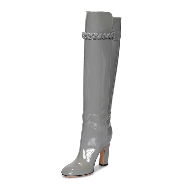 Grey Patent Leather Square Toe Knee High Boots with Block Heels |FSJ Shoes