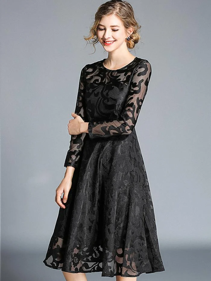 Temperament mid-length lace big swing long-sleeved dress