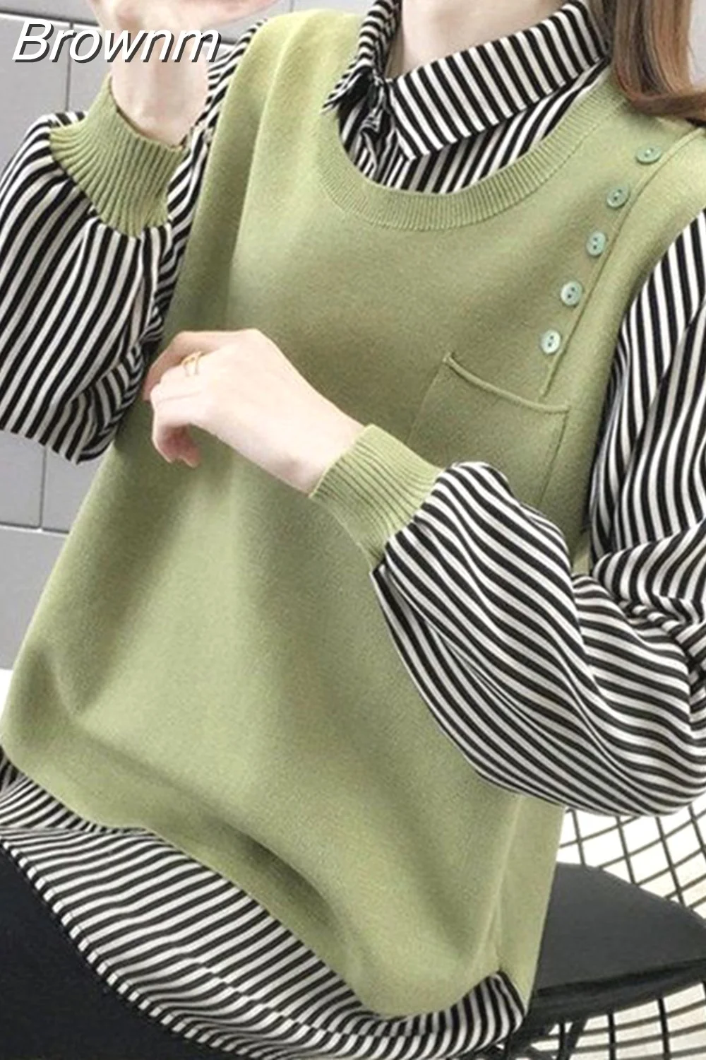 Brownm Fashion Striped Knitt Spliced Fake Two Pieces Blouse Woman 2023 Autumn New Commute All-match Pockets Casual Shirts Female