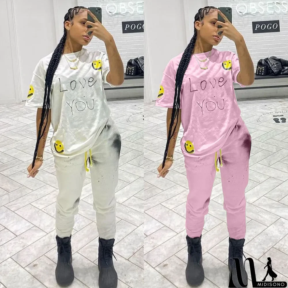MidiSono - Women Cute Print Short Sleeve T-shirt Full Pants 2 Piece Outfits