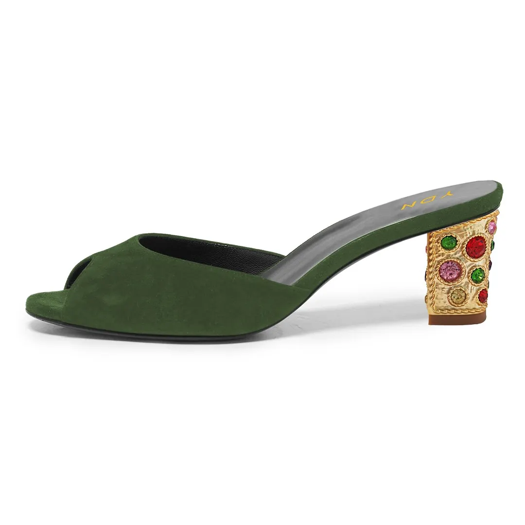 Vegan Suede Peep Toe Rhinestone Decorative Heel Slide Sandals in Green