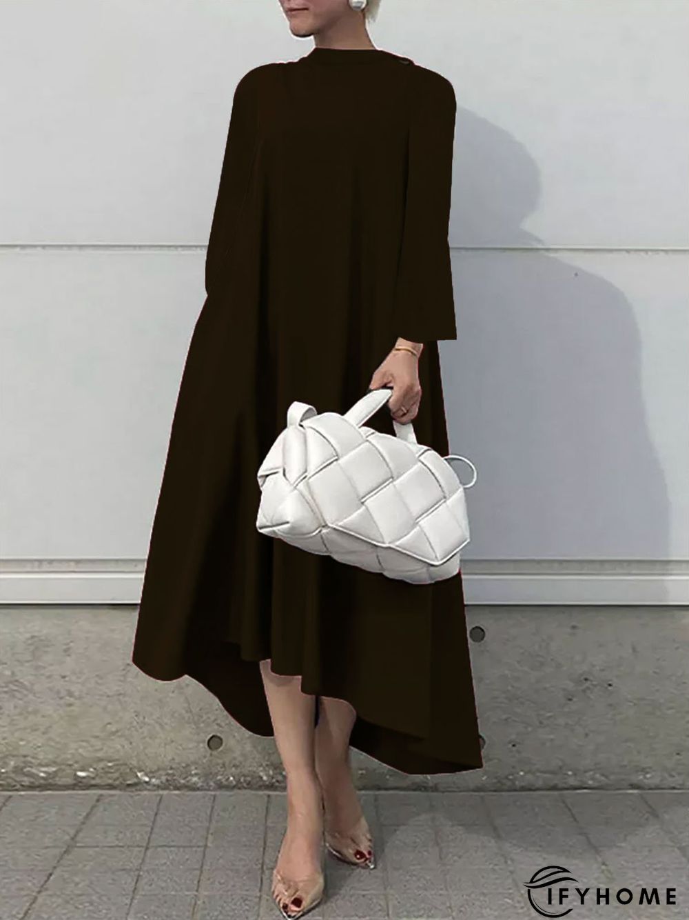 Plain Long sleeve Stand Collar Simple Regular Fit Dress | IFYHOME