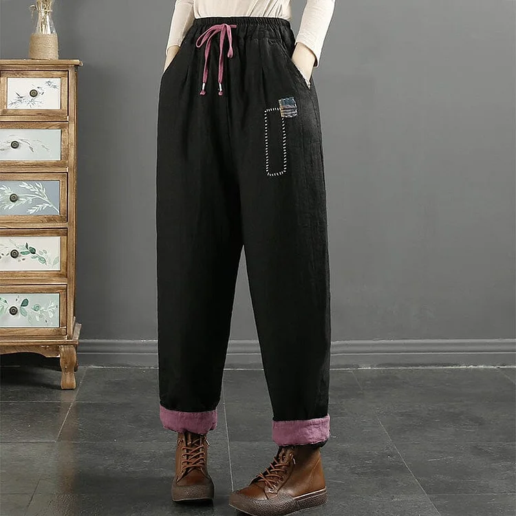 Women Retro Embroidery Linen Quilted Harem Pants