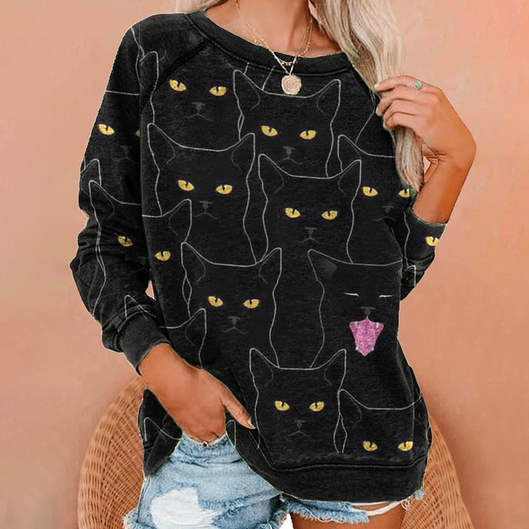 Vefave Crew Neck Cat Print Long Sleeve Sweatshirt