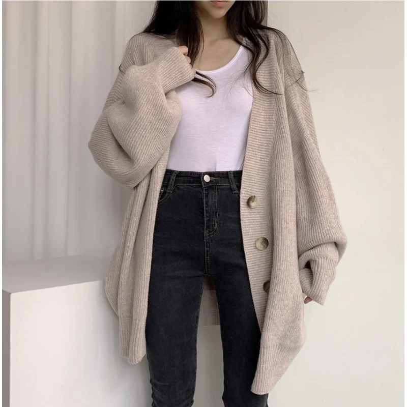 Uveng Uveng Chic Autumn And Winter Leisure Lazy Wind V-Neck Single Buckle Loose Lantern Sleeve Knitted Sweater Coat Woman