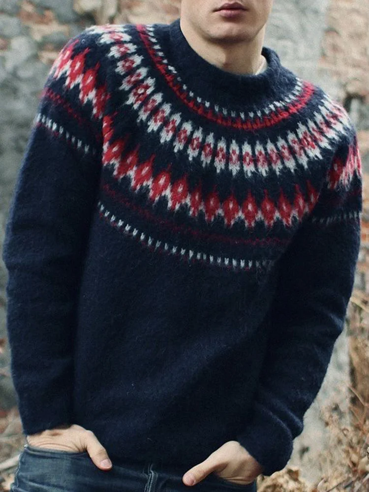 Men's Vintage Contrast Patchwork Fairman Island Knit Jacquard Crew Neck Sweater