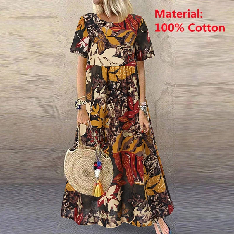 2022 ZANZEA Bohemian Holiday Sundress Summer Women Vintage Floral Printed Short Sleeve Beach Dress Loose Long Vestido Robe Femme