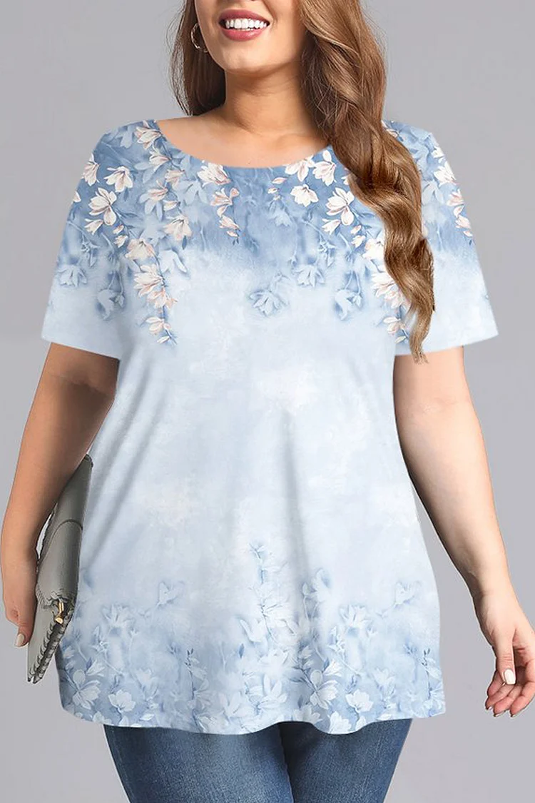 Flycurvy Plus Size Casual Light Blue Floral Print Round Neck Short Sleeve T-Shirt  Flycurvy [product_label]