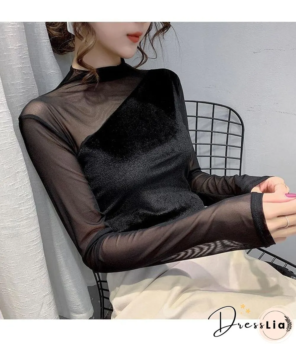 Sexy Mesh Joint Velvet Shirt