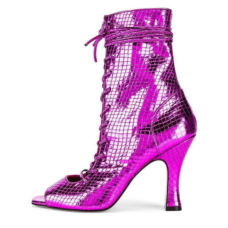 Purple Python Lace Up Boots Peep Toe Spool Heel Ankle Boots Vdcoo