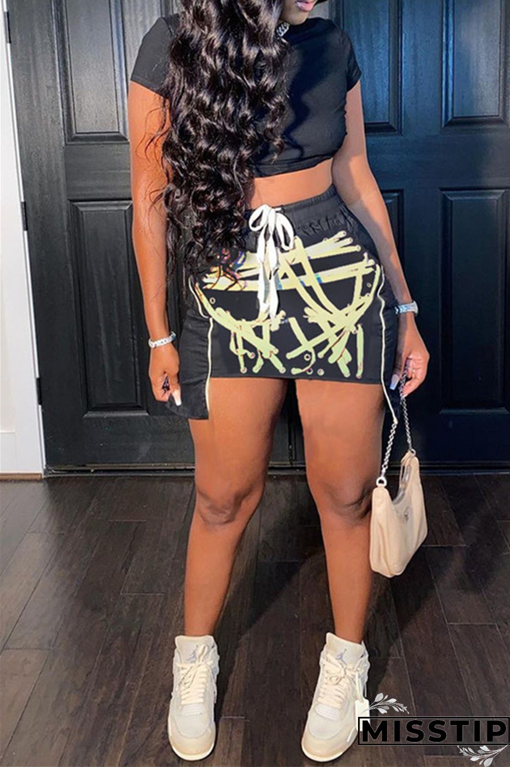 Green Fashion Sexy Print Asymmetrical O Neck Short Sleeve Two Pieces