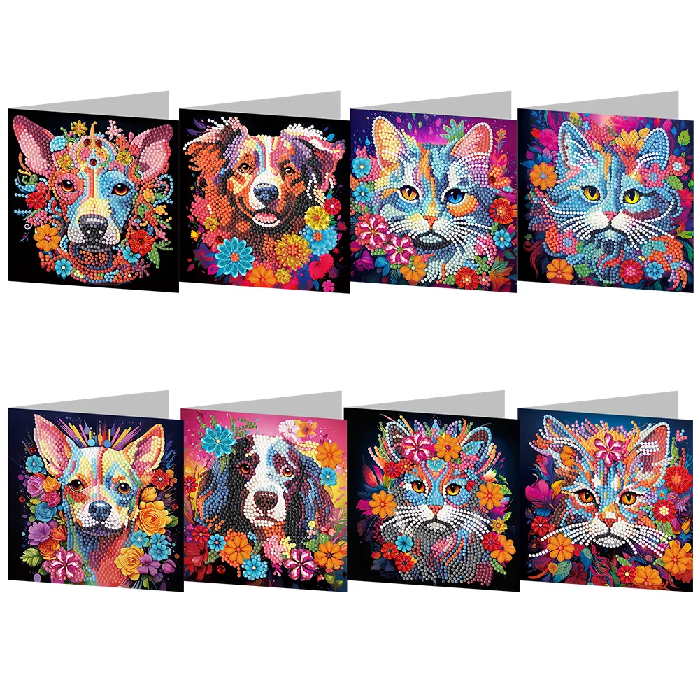 8Pcs Special Shape DIY Diamond Painting Card Cats/Dogs for Holiday Friend Family