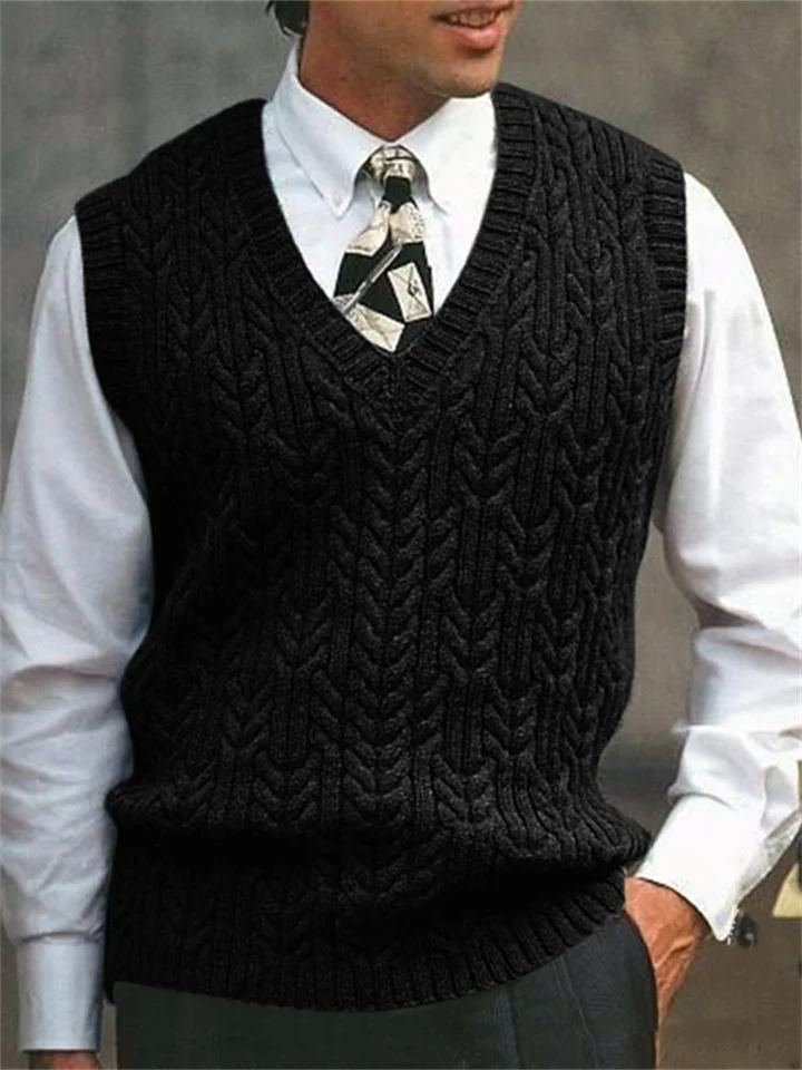 Spring and Autumn New Knitted Vest Men's Twisted Flowers V-neck Solid Color Casual Sweater-JRSEE