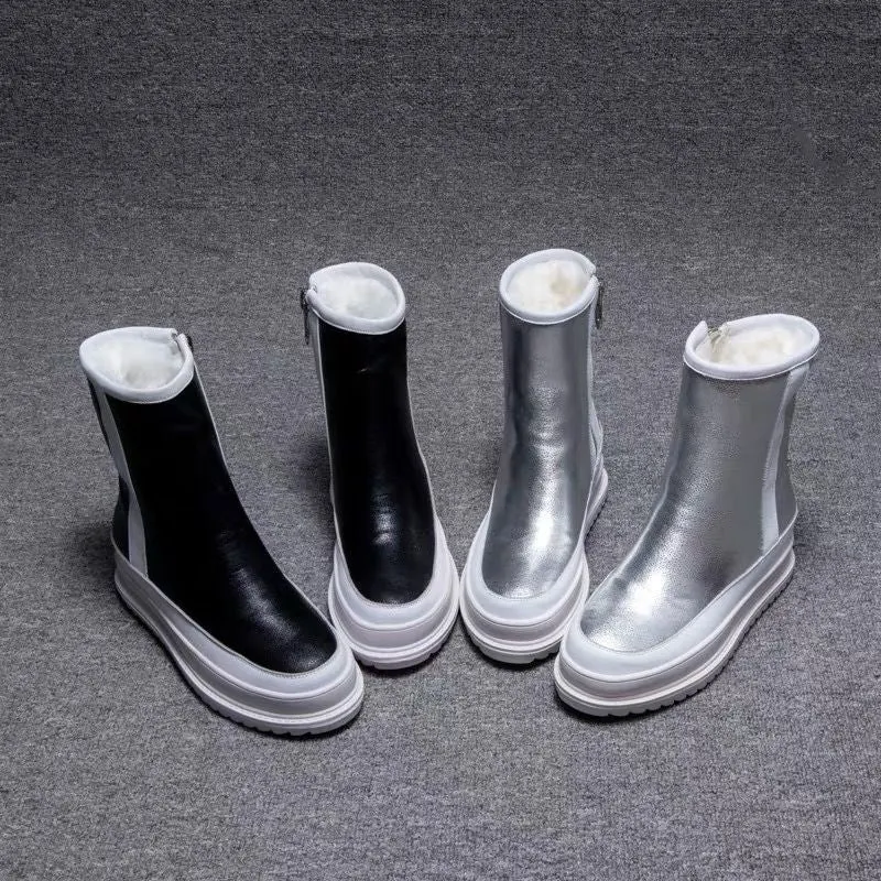 Snow Boots New Women's Winter Shoes Thick Sole Plaforms Ankle Boot Round Toe Thick Plush Warm Cotton Shoe Side Zip Silver Black