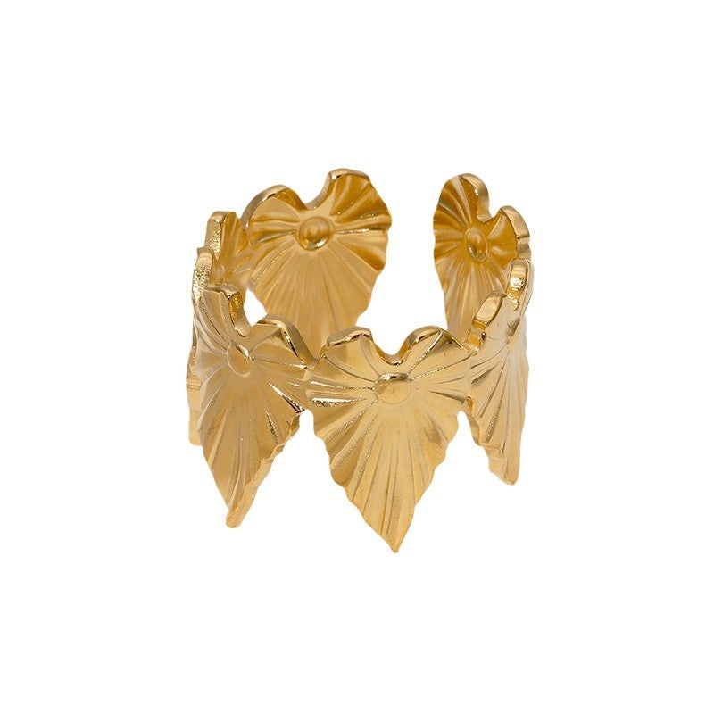Tropical Leaf Ins Personality Design Simple And Versatile Gold-Plated Stainless Steel Open Ring For Women