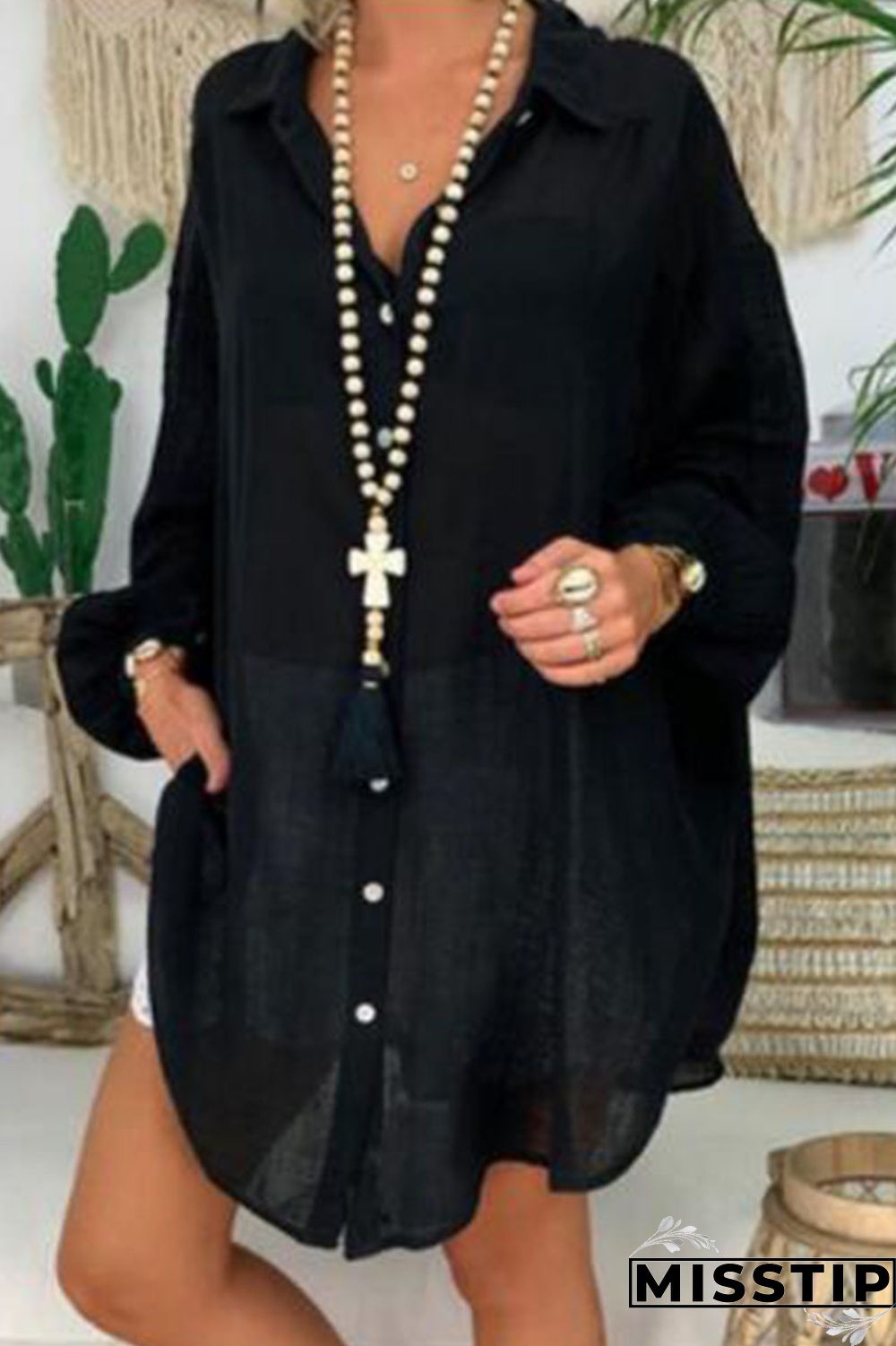 Black Casual Solid Patchwork Buckle Asymmetrical Turndown Collar Tops