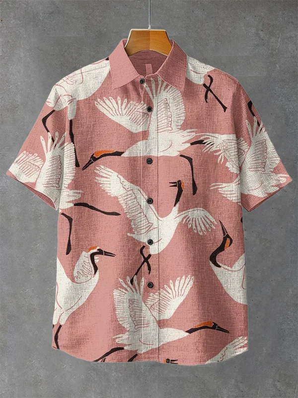 Men's Vacation Red-Crowned Crane Japanese Art Print Short Sleeve Shirt