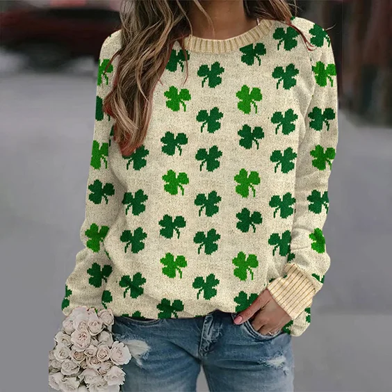 Wearshes Women'S St. Patrick'S Day Clover Knitted Crew Neck Sweater