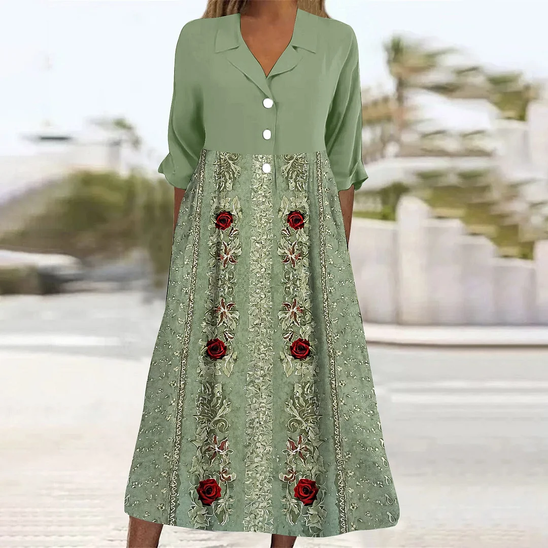 Women Casual Loose Dress with Pockets in Pattern Floral, Green, Red