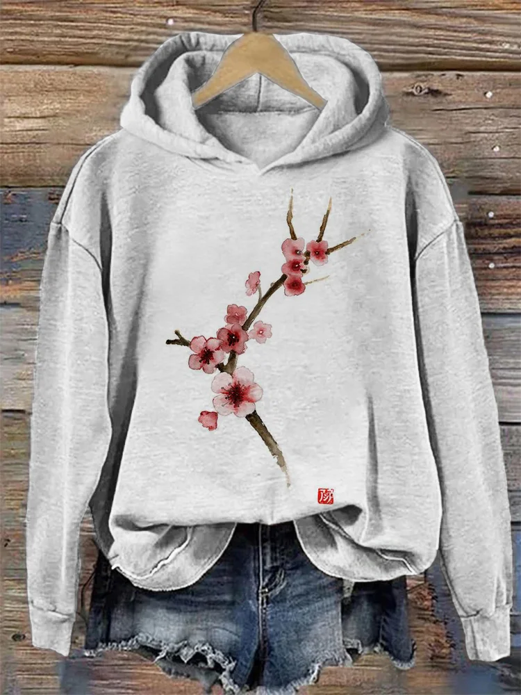 Comstylish Plum Blossom Sumi-e Art Vintage Cozy Hoodie