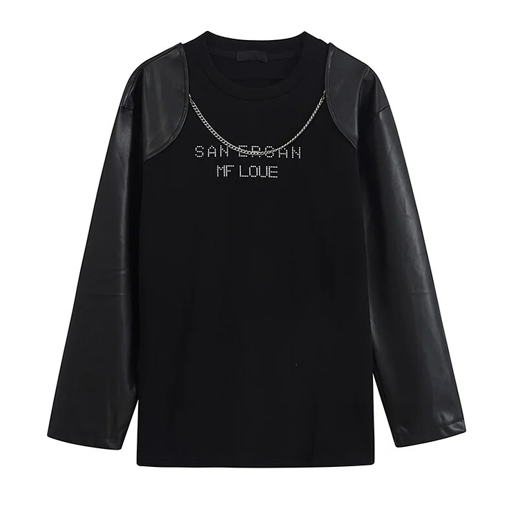 Street Loose O-neck Splicing Metal Chain Decor Letter Printed Patchwork PU Long Sleeve T-shirt   