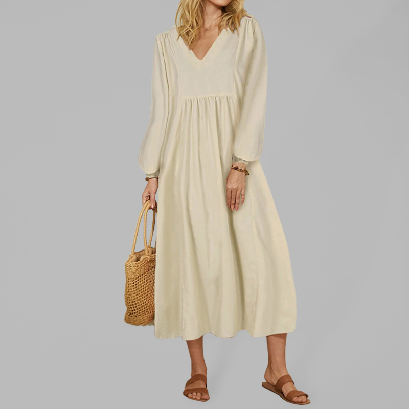 Mature Women Summer Fashion Cotton Linen Loose Balloon Sleeve Dress