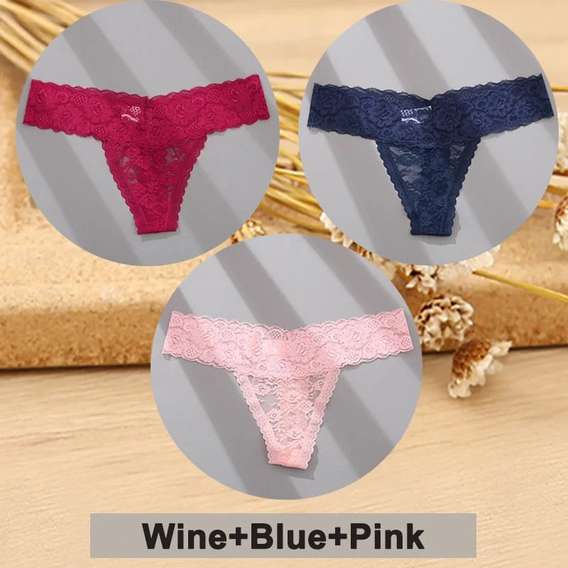 3PCS/Set Lace Panties Full Floral Underwear Women Panties Underpants Sexy Briefs Thong Lace G-String Female Lingerie Intimates