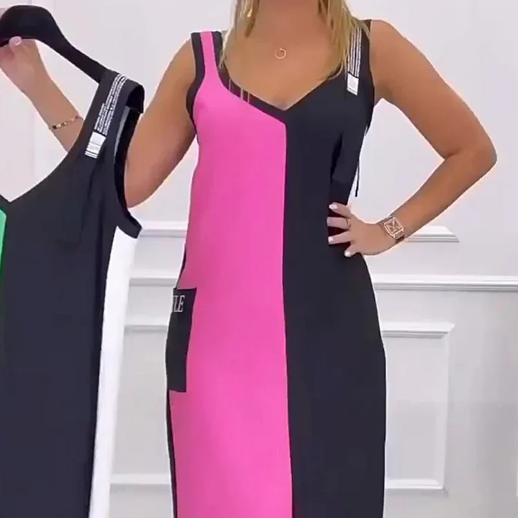 Sleeveless Knit Dress with V-Neck and Color Block(Almost Sold Out) 