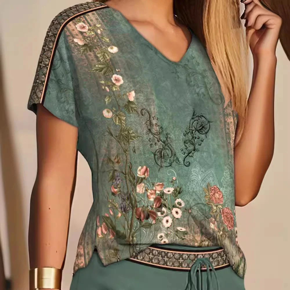 Brownm Brownm Summer Women's Casual Fashion Print Comfortable V-Neck Top Shorts Two-Piece Set