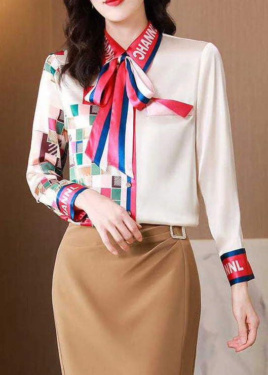 Simple Apricot Bow Print Patchwork Silk Blouse Top Spring