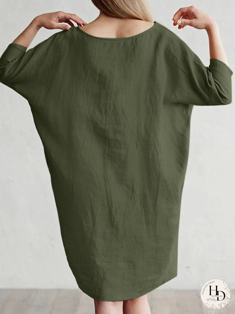 Solid Color 3\/4 Sleeve O-neck Pocket Cotton Dress