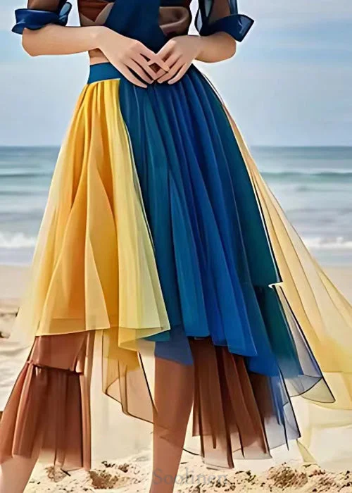 Bohemian Yellow Wrinkled Elastic Waist Tulle Skirts Summer(Ships in 20 Days)