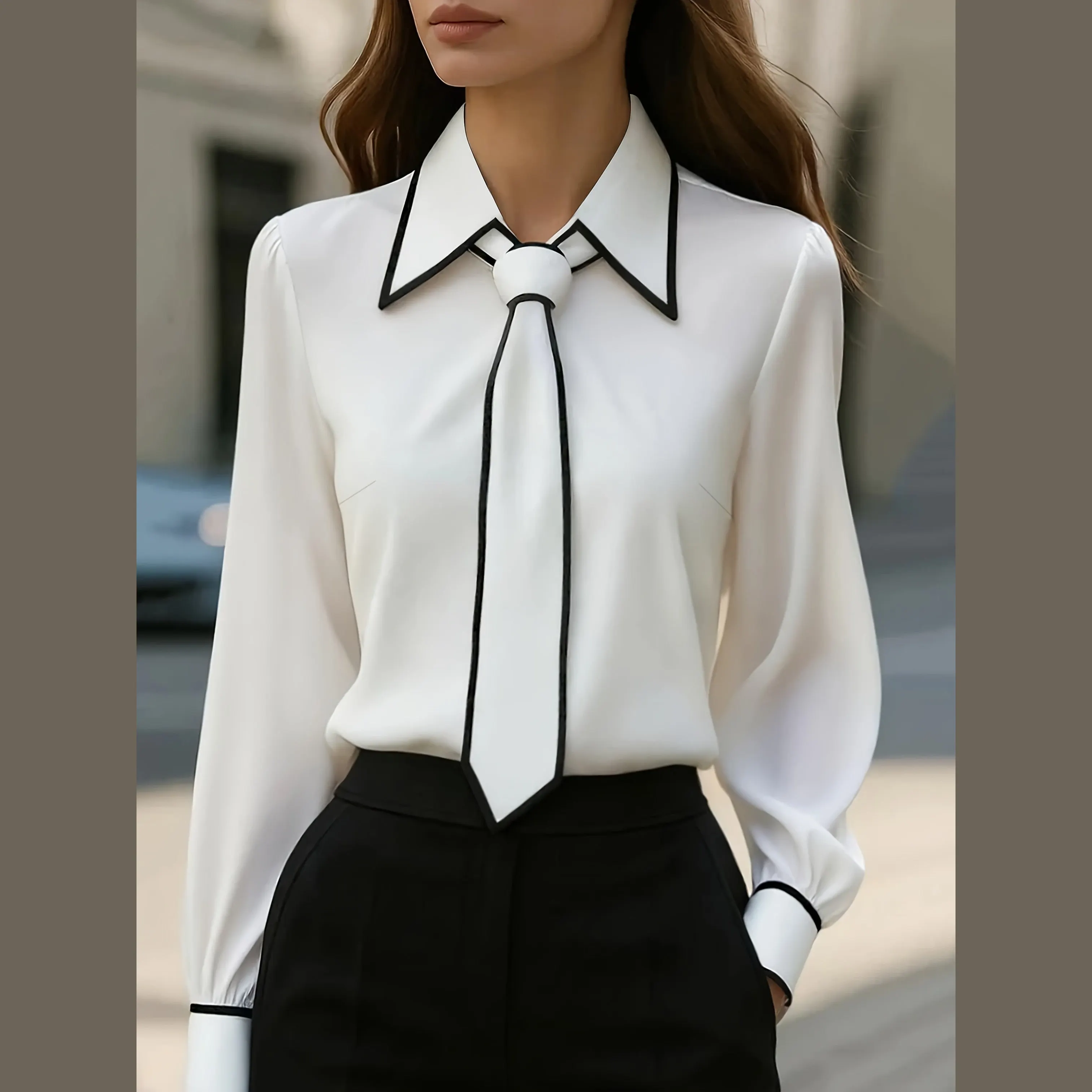 Women's Cotton-Blend Tie Blouse &ndash; Contrast Piping Workwear