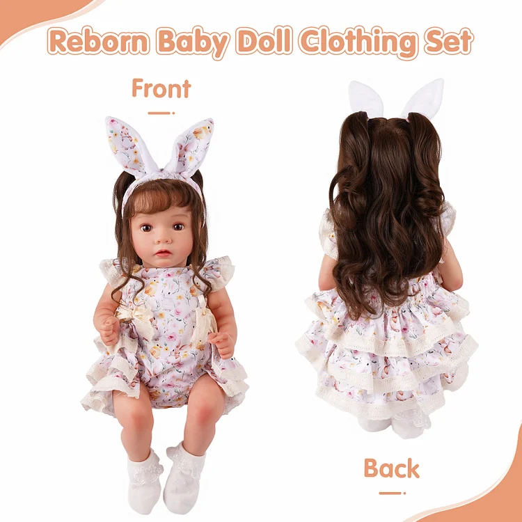 for 17"-22" Reborn Girl Baby White Bunny Chip Floral Lace Fly Sleeve Crawl Suit 3-Pieces Set Accessories